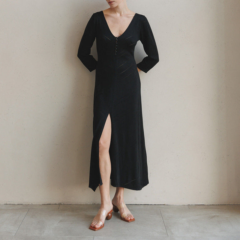 Robe longue femme – Maille fine – Coupe ajustée – Fente haute – Décolleté en V
