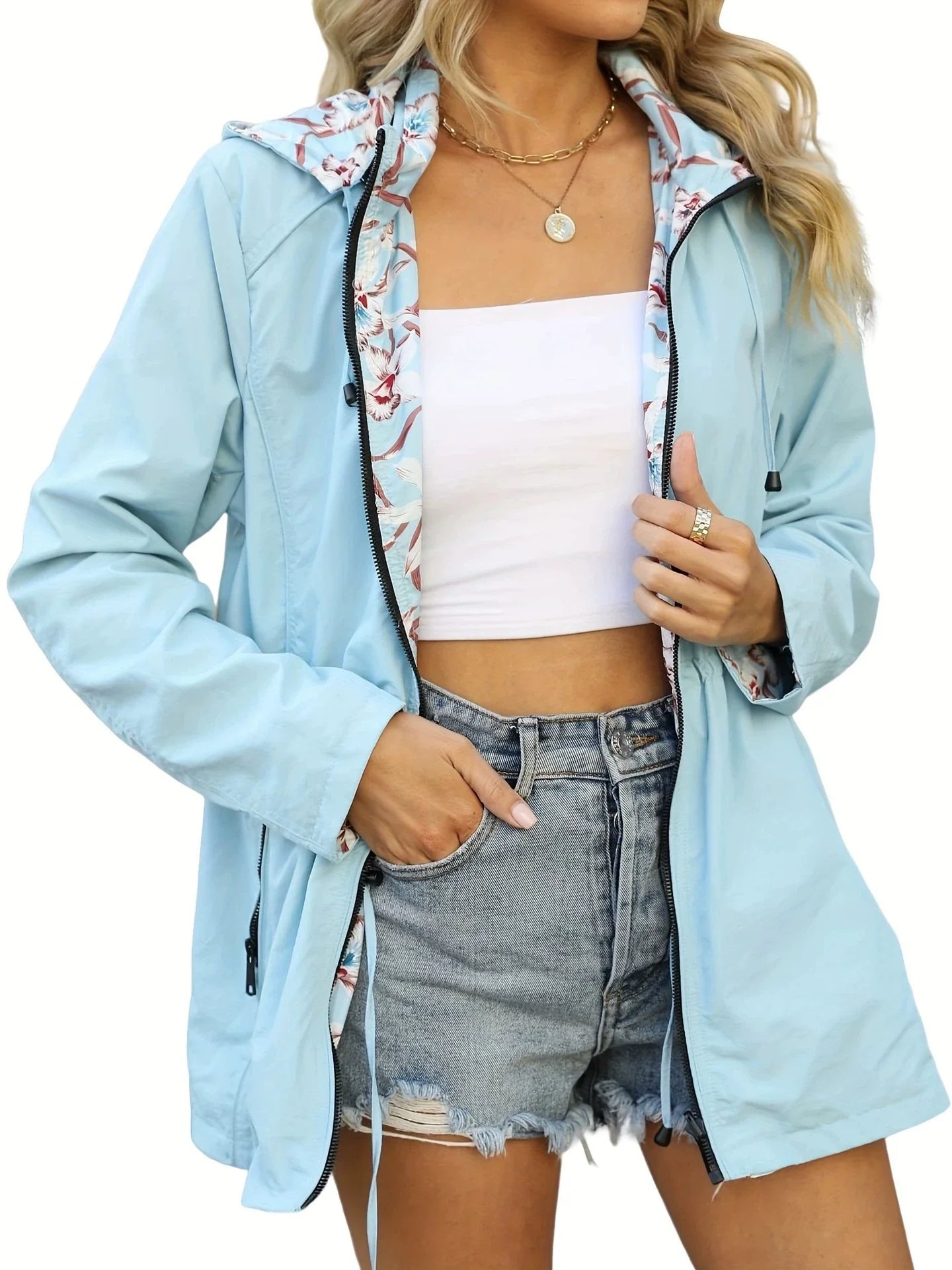 Veste coupe-vent femme – Coupe slim – Imperméable – Capuche – Doublure fleurie