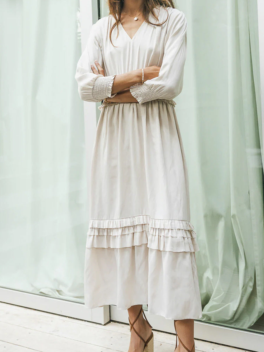 Robe midi femme – Col en V – Manches longues – Coton doux – Coupe fluide