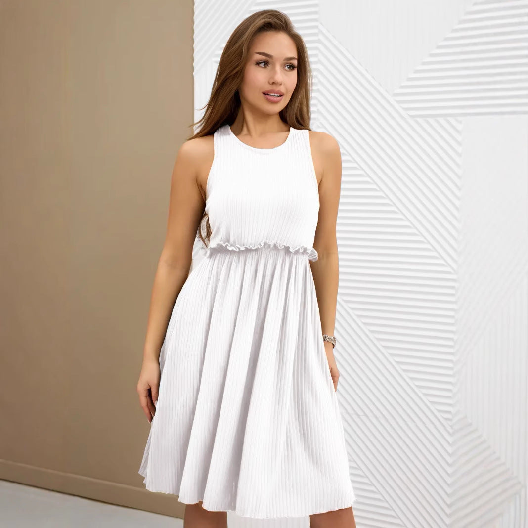 Robe midi femme – Sans manches – Coupe évasée – Col en V – Boutonnage – Ceinture