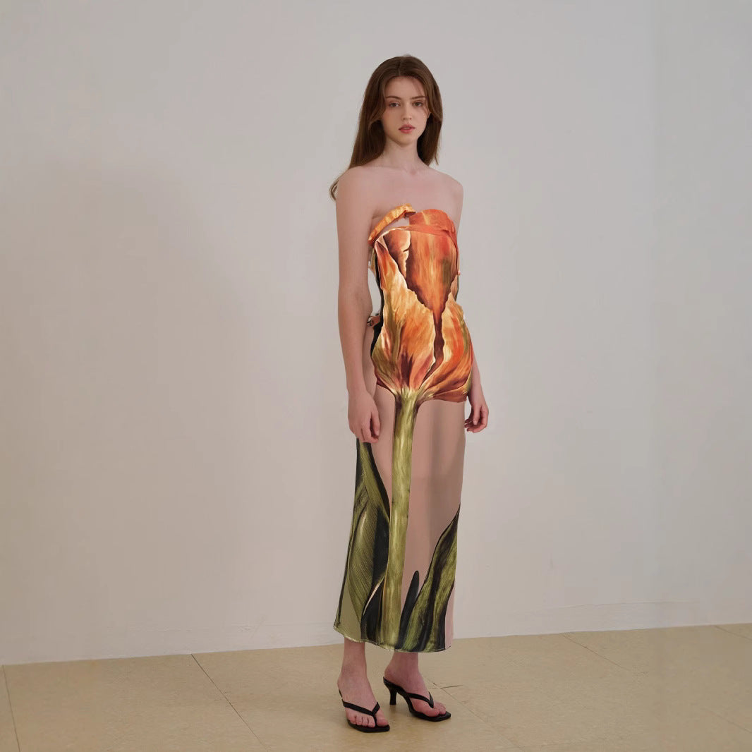 Robe midi femme – Sans bretelles – Coupe fluide – Tissu léger imprimé abstrait