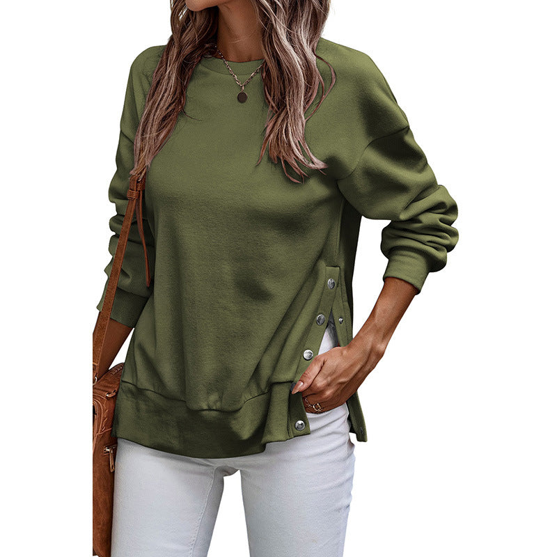 Sweat-shirt femme – Coupe ample – Longueur tunique – Fentes côtés boutonnées