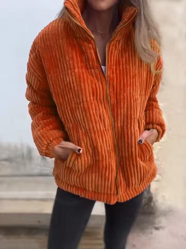 Veste femme en velours côtelé – Coupe décontractée – Longueur courte – Col montant – Fermeture zippée