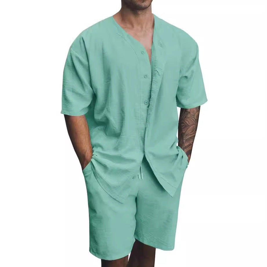 Ensemble deux pièces homme – Coton respirant – Chemise col V boutonnée – Coupe décontractée