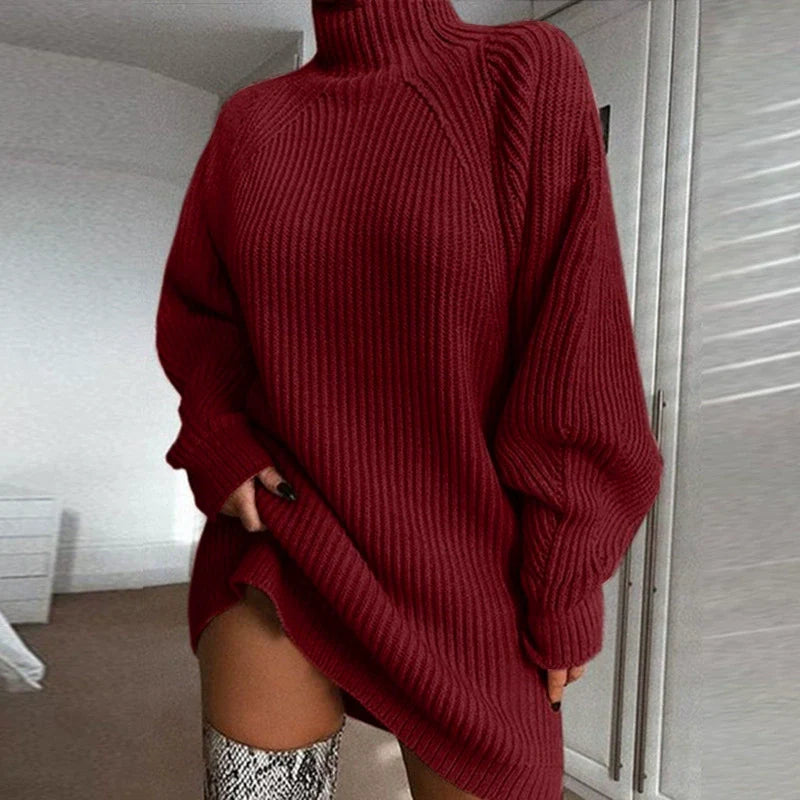 Robe Pull Femme – Coupe Oversize – Maille Côtelée – Col Cheminée – Manches Raglan