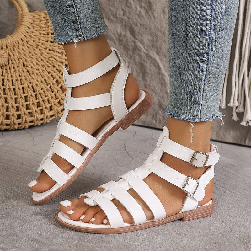 Sandales femme plates – Similicuir – Style romain – Bout ouvert – Boucles réglables