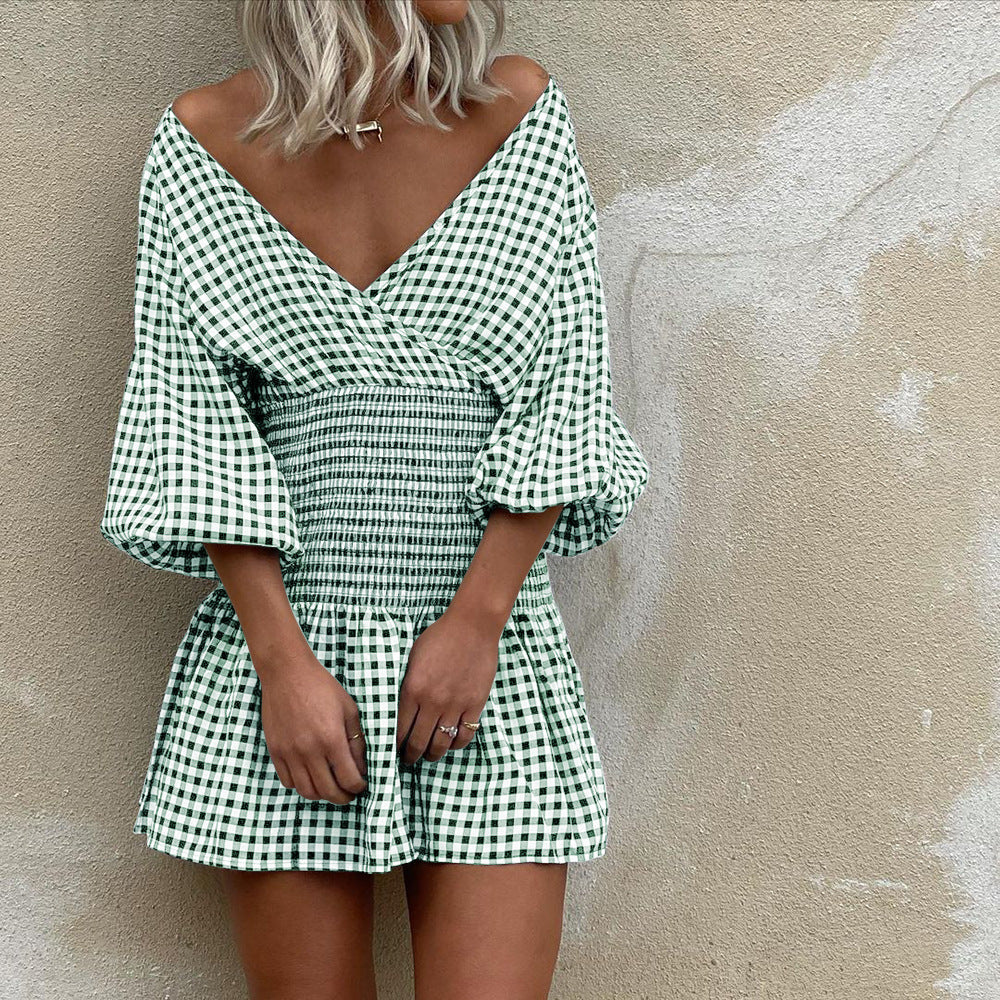 Robe Mini Femme – Coton Mélangé – Col V – Manches Bouffantes – Taille Élastique – Motif Vichy