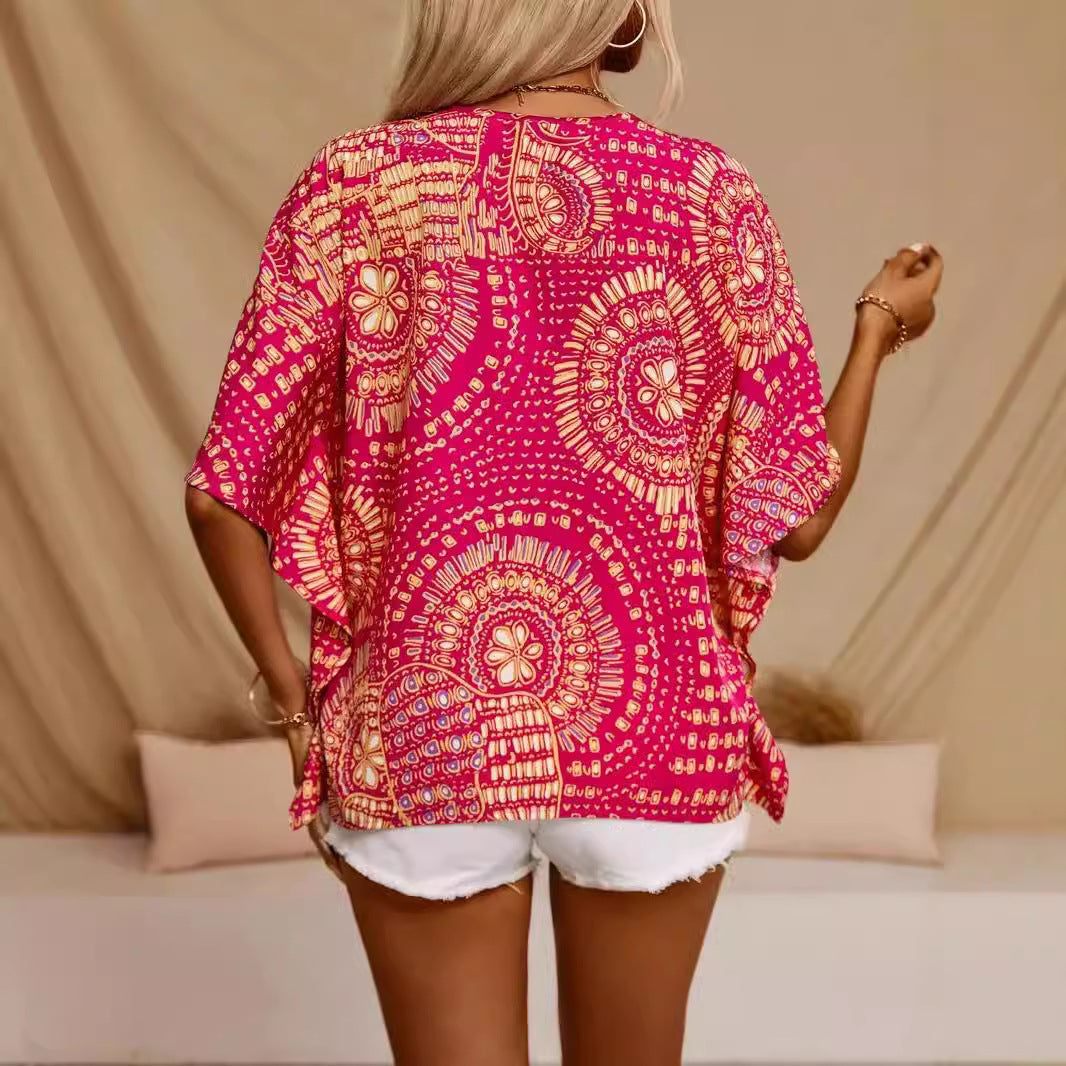 Haut femme col V – Coupe ample – Manches chauve-souris – Tissu léger imprimé