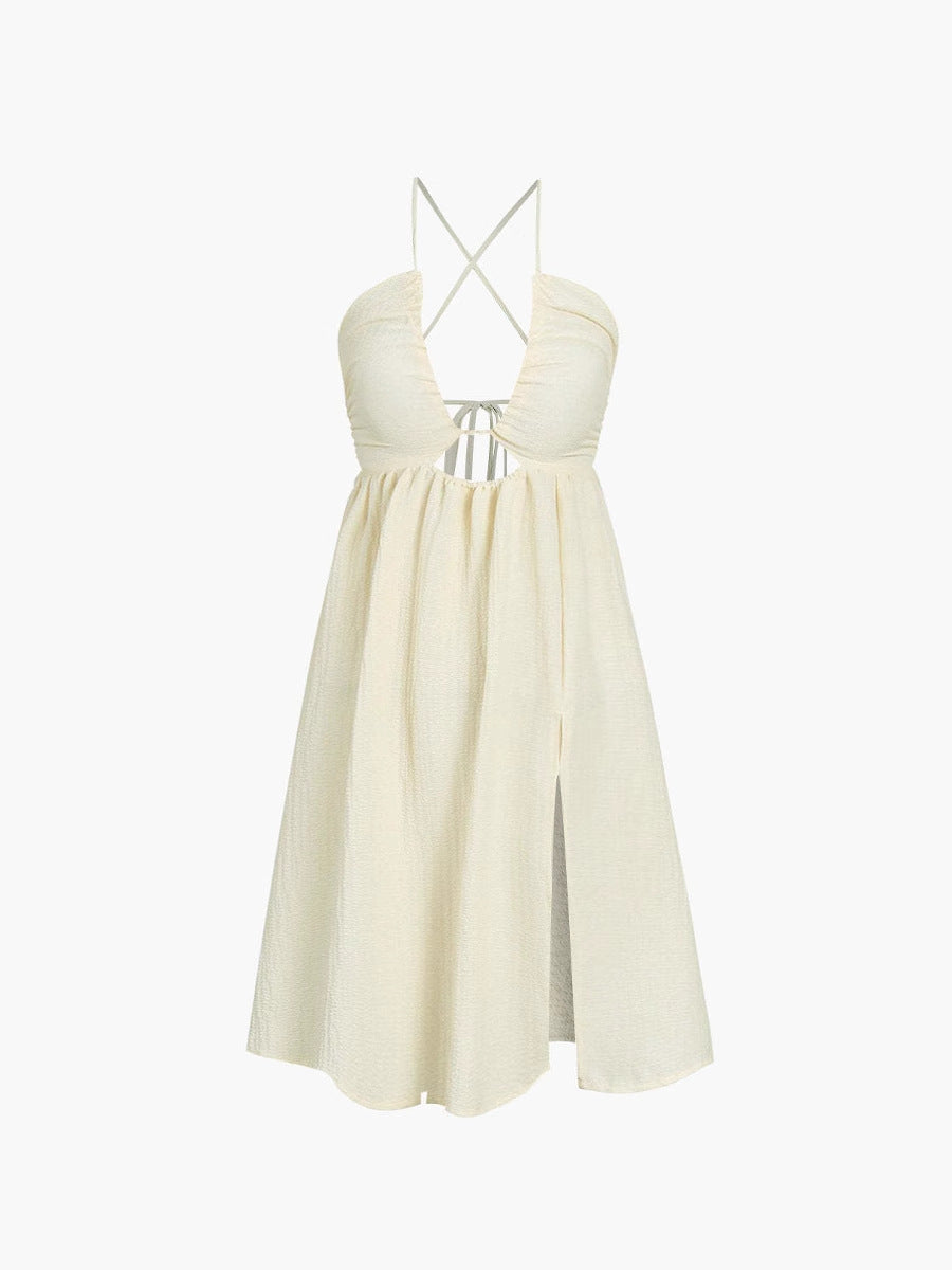 Robe midi femme – Bretelles fines – Décolleté en V – Fente haute – Détail ajouré