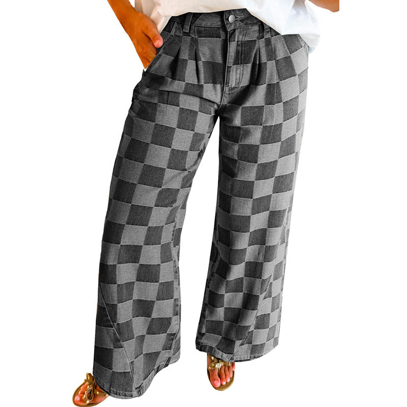 Women’s Wide-Leg Jeans – High Waist – Checkerboard Print – Pleated Relaxed Fit