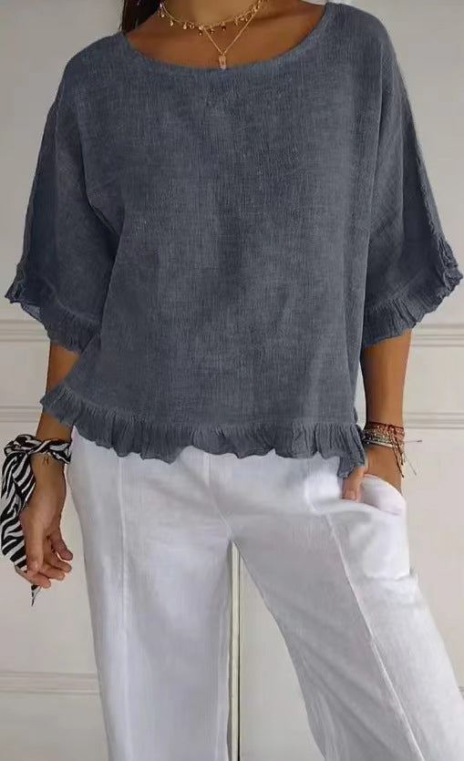 Blouse femme manches courtes – Coupe fluide – Lin et coton – Col rond – Finitions volantées