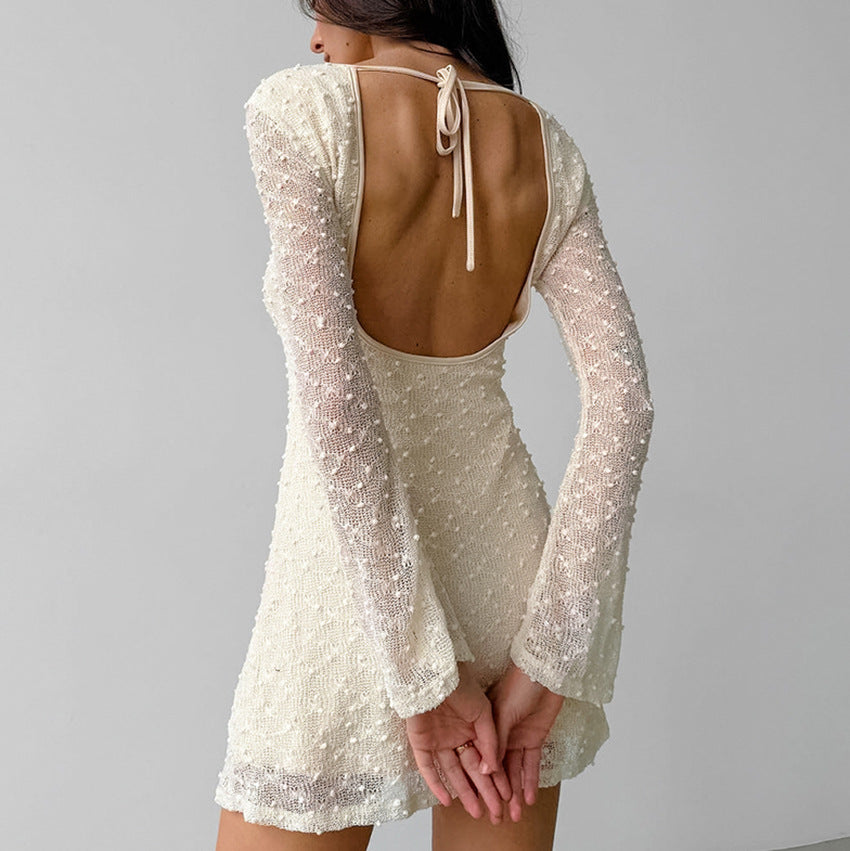 Robe mini femme – Coupe slim – Jacquard texturé – Manches longues – Col rond élégant