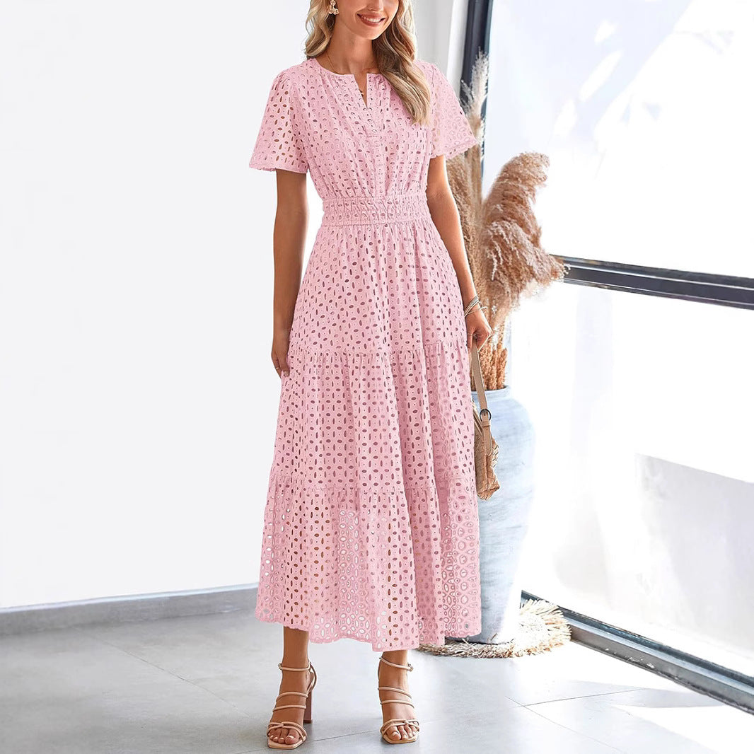 Robe longue femme – Dentelle brodée – Coupe fluide – Manches courtes – Col en V