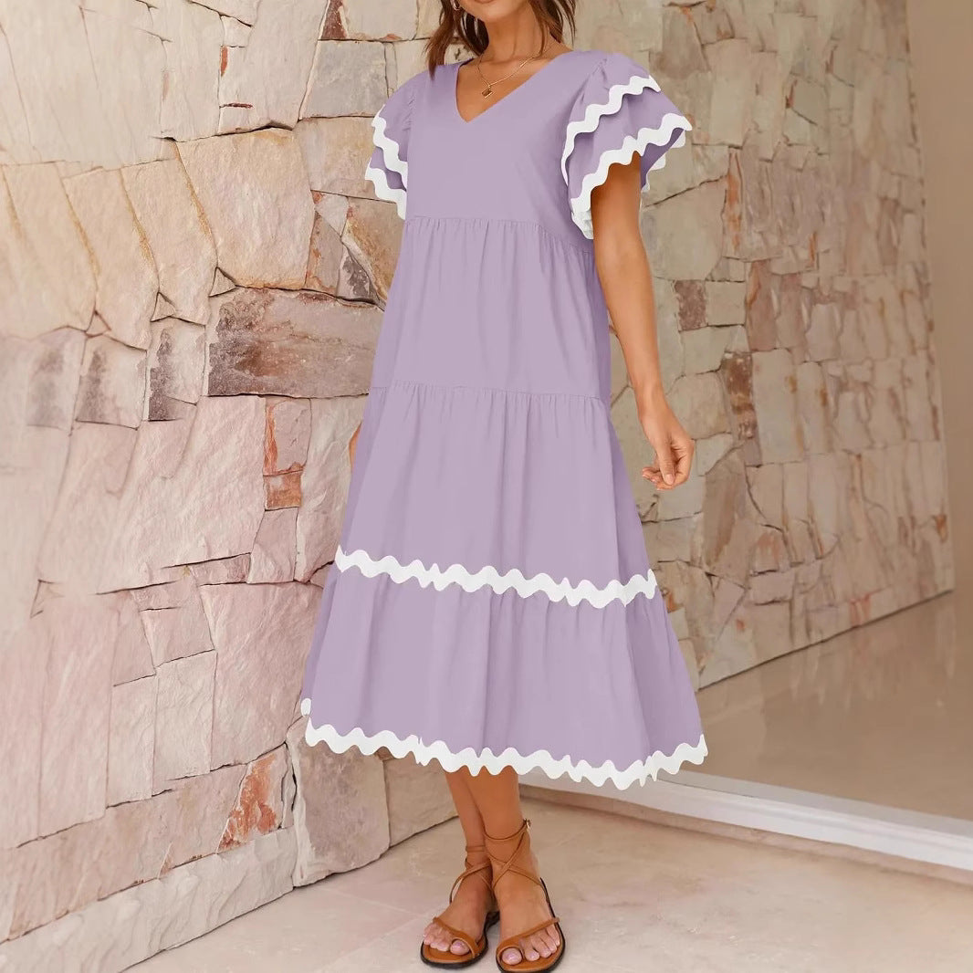Robe midi femme – Encolure en V – Manches volantes – Coupe fluide – Tissu respirant
