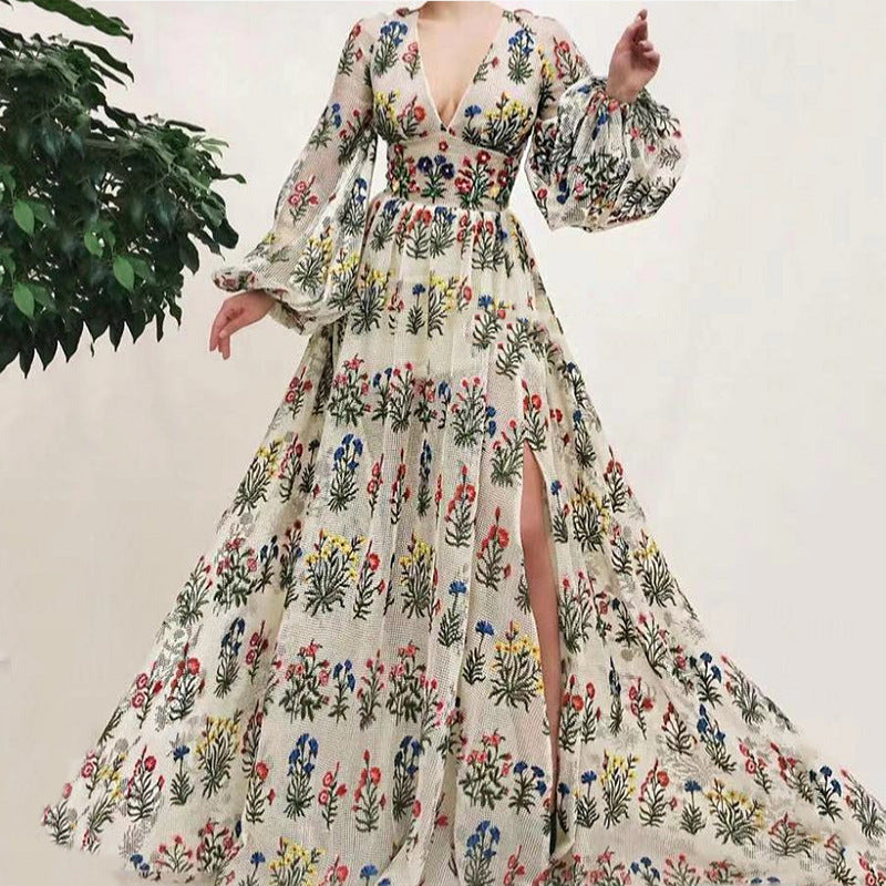 Robe longue femme – Tissu luxe – Manches longues – Fente haute – Broderie florale