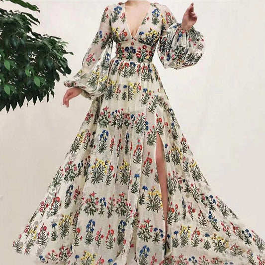 Robe longue femme – Tissu luxe – Manches longues – Fente haute – Broderie florale