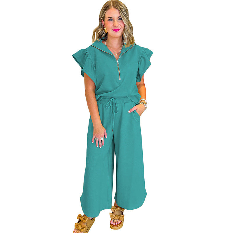 Ensemble Femme Décontracté – Haut Zip Volants Col Chemise – Pantalon Large Cordon