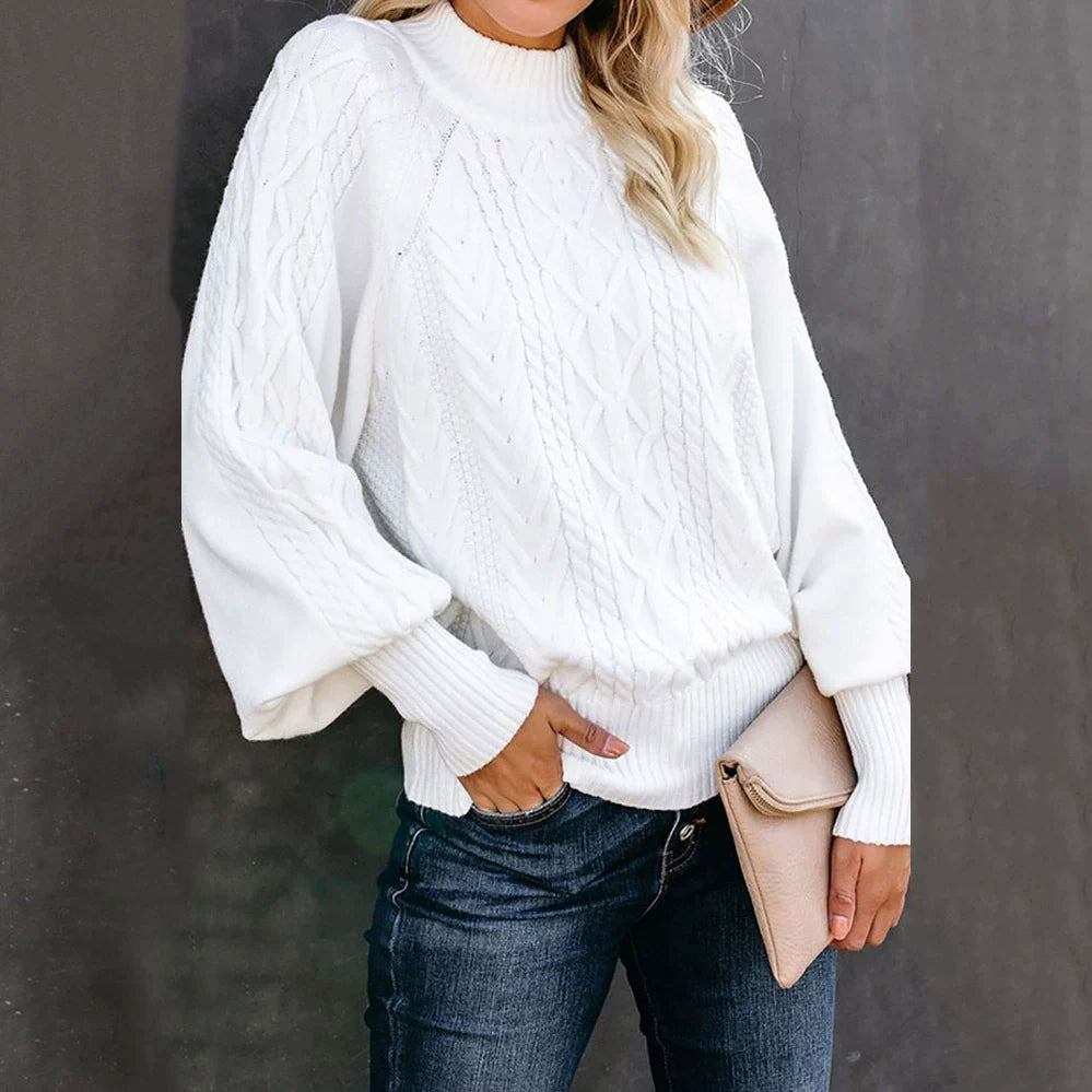 Pull Femme – Col Cheminée – Maille Torsadée – Coupe Ample – Manches Longues