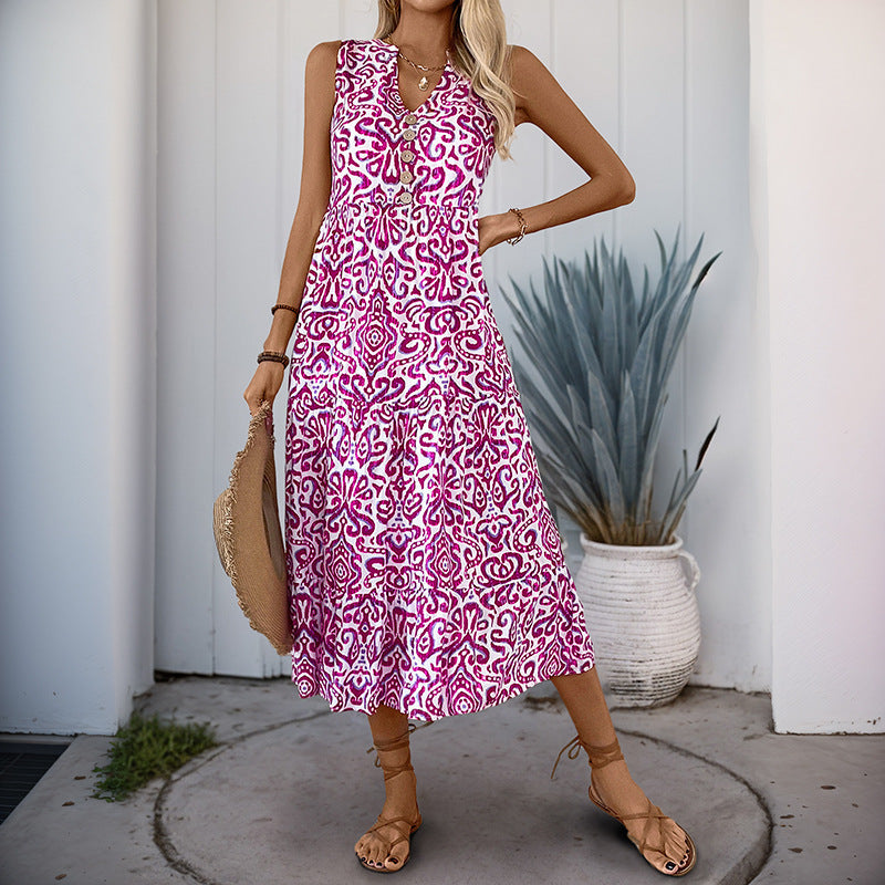 Robe midi femme – Sans manches – Encolure en V – Coupe fluide – Imprimé abstrait