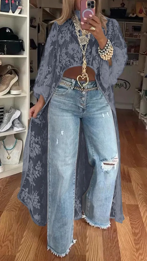 Robe longue femme – Voile floral transparent – Coupe fluide élégante – Manches amples