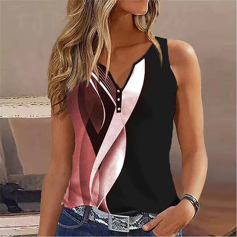 Top sans manches femme – Col V – Coupe fluide – Boutons décoratifs – Imprimé moderne