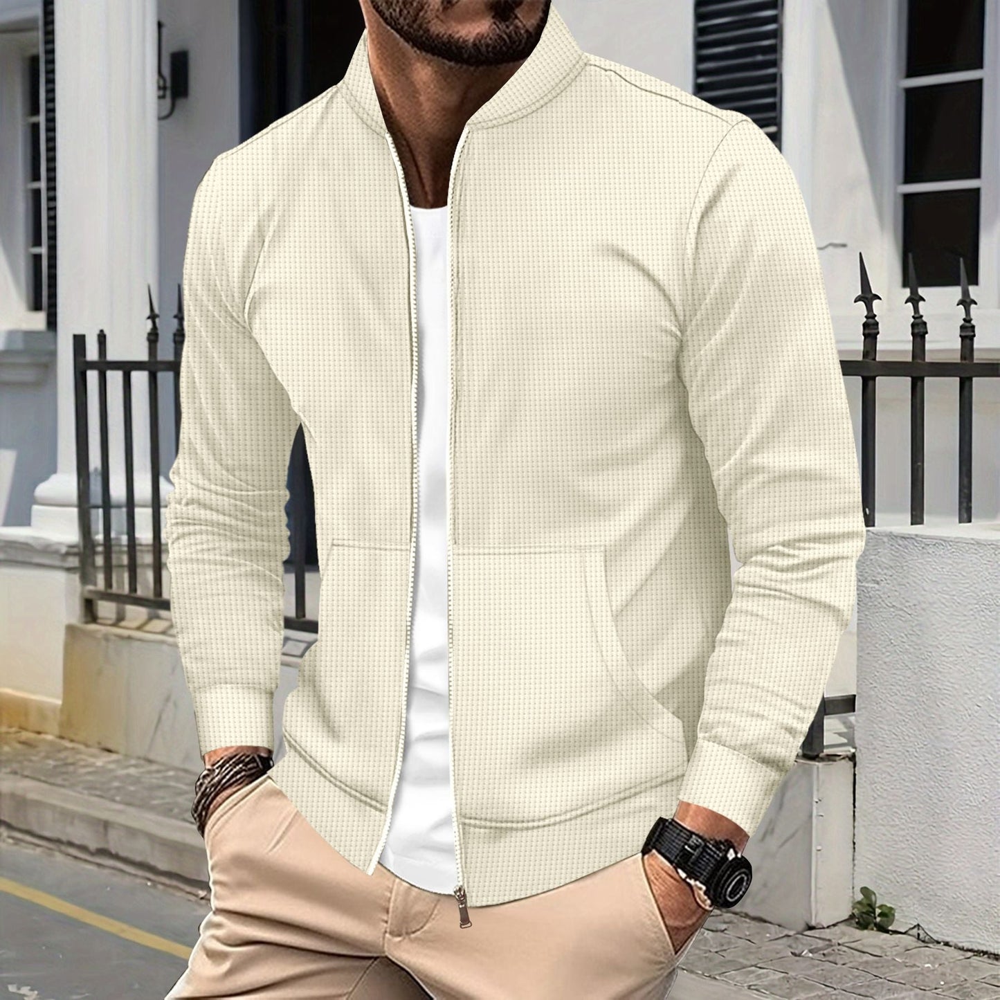 Veste zippée homme – Coupe athlétique – Tissu texturé – Ourlets côtelés – Poches devant