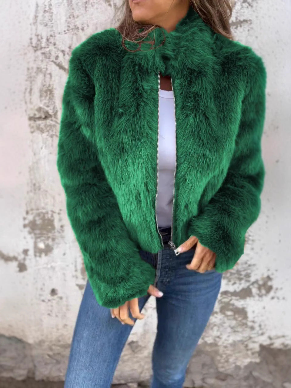 Veste femme en fausse fourrure – Coupe décontractée – Col montant – Manches longues