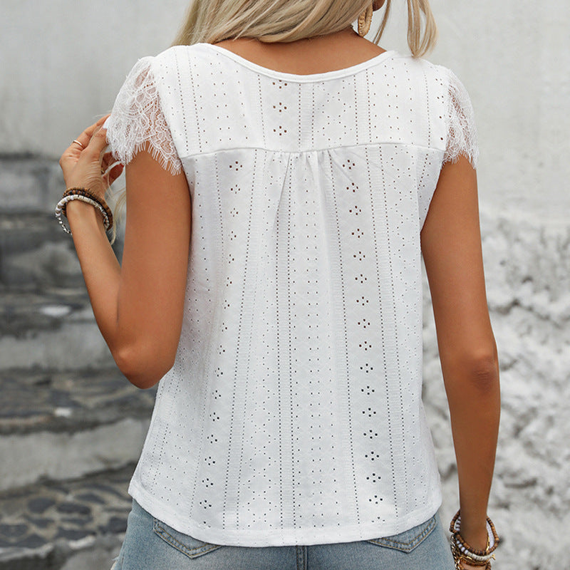 Top Femme Col V – Coupe Décontractée – Dentelle – Manches Courtes – Tissu Brodé