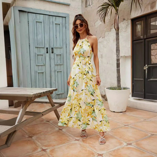 Robe longue femme – Coupe fluide – Col halter – Jupe à volants – Taille ajustable