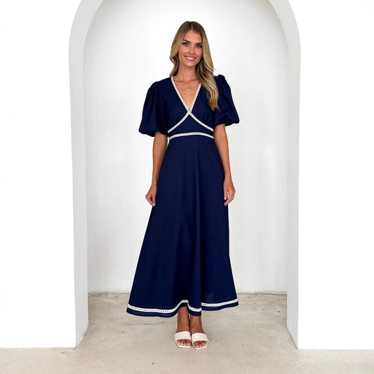 Robe longue femme – Col en V – Manches bouffantes – Taille cintrée – Jupe fluide