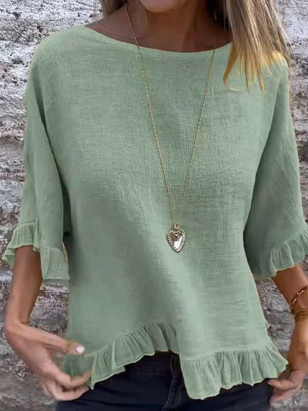 Blouse femme manches courtes – Coupe fluide – Lin et coton – Col rond – Finitions volantées