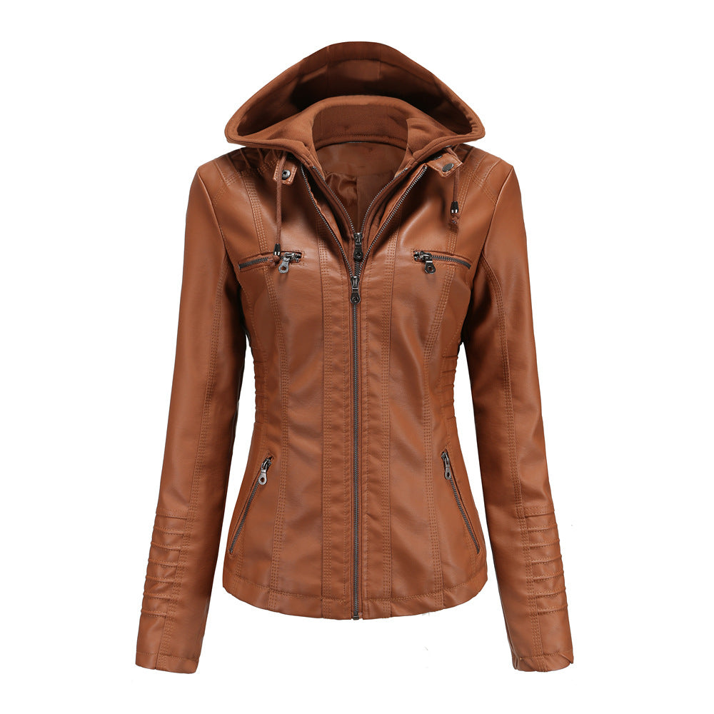 Veste à capuche femme – Simili cuir – Coupe cintrée – Capuche amovible – Poches zippées