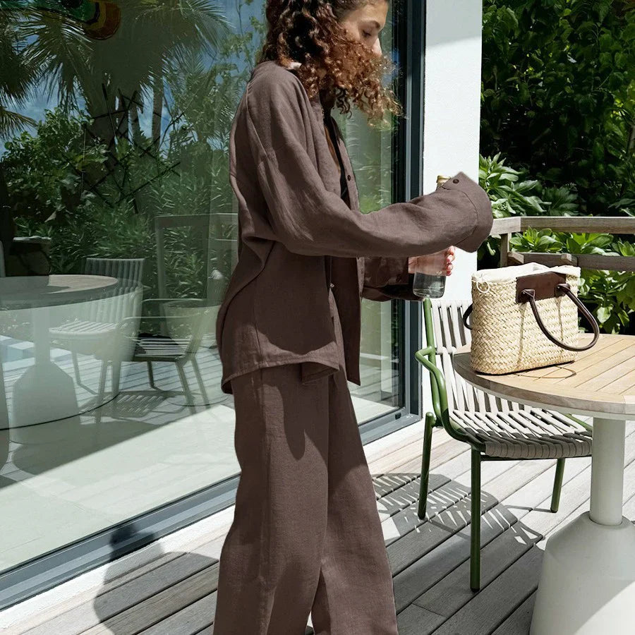Ensemble deux pièces femme – Lin léger – Coupe ample – Haut oversize à boutons – Pantalon large