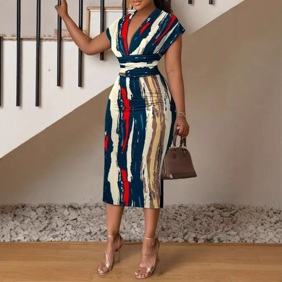 Robe midi femme – Coupe moulante – Col en V – Manches courtes – Patchwork effet denim