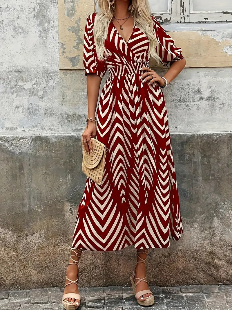 Robe midi femme – Coupe évasée fluide – Décolleté croisé – Manches bouffantes – Taille ceinturée – Motif rayé