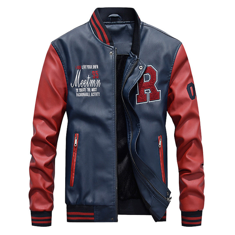 Blouson homme style varsity – Corps cuir lisse – Finition côtelée – Fermeture pression