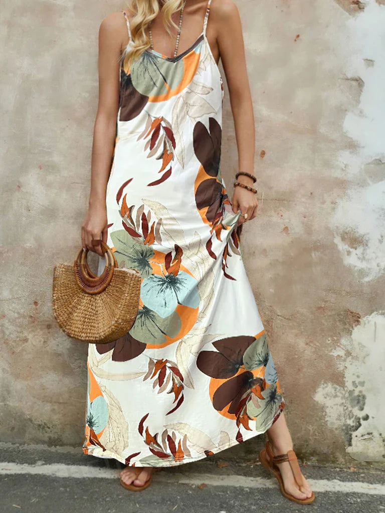 Robe longue femme – Coupe fluide – Bretelles fines – Imprimé floral – Tissu coton