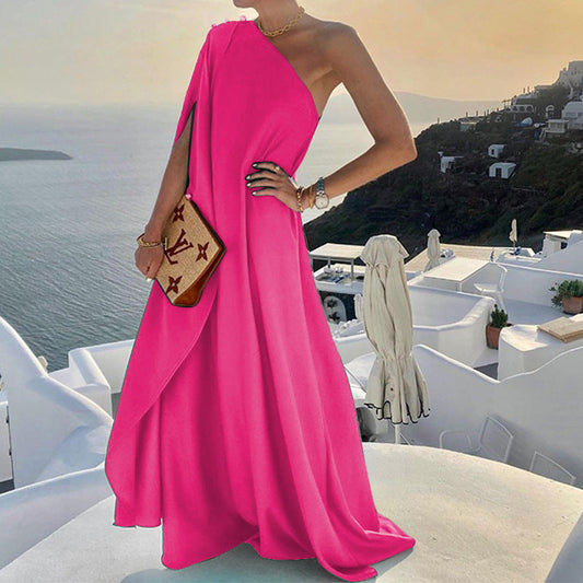 Robe longue femme – Épaule unique – Coupe fluide – Tissu léger élégant