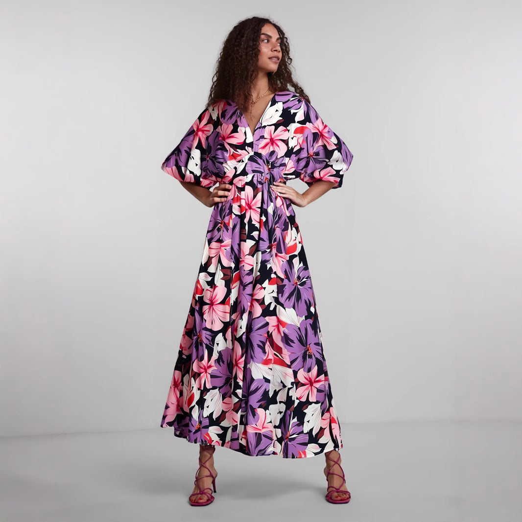 Robe femme midi – Taille haute – Manches courtes larges – Col en V – Fendue imprimée