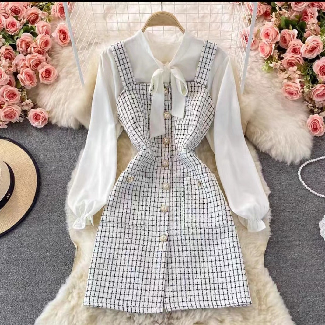 Robe Chasuble Femme – Coupe Cintrée – Tweed Texturé – Boutonnée – Blouse Nœud