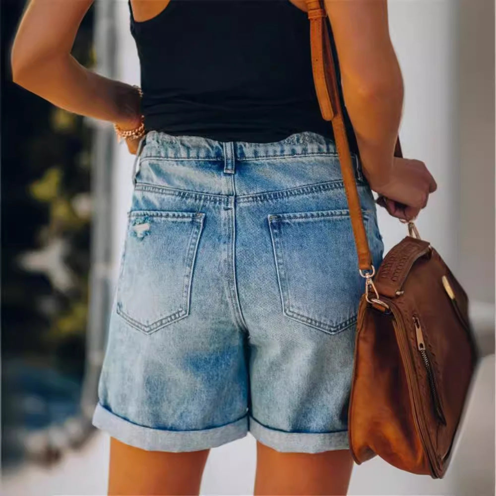 Short en jean femme – Coupe décontractée – Taille mi-haute – Finition effilée