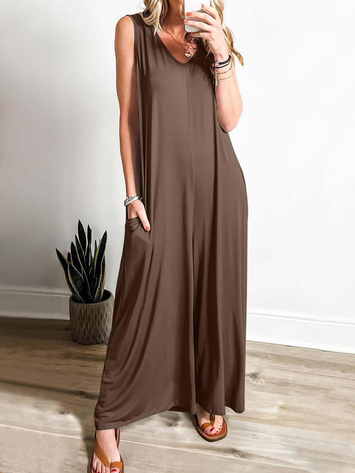Robe longue femme – Sans manches – Décolleté en V – Coupe fluide – Maille douce avec poches