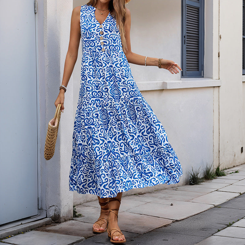 Robe midi femme – Sans manches – Encolure en V – Coupe fluide – Imprimé abstrait