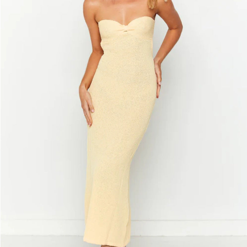 Robe Femme – Tricot Sans Bretelles – Coupe Ajustée – Dos Nu avec Détail Twist – Longue