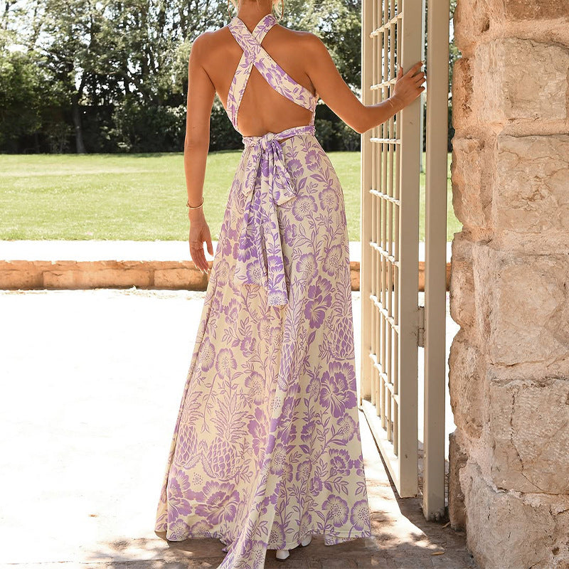 Robe longue femme – Dos nu – Col halter – Coupe élégante – Imprimé floral