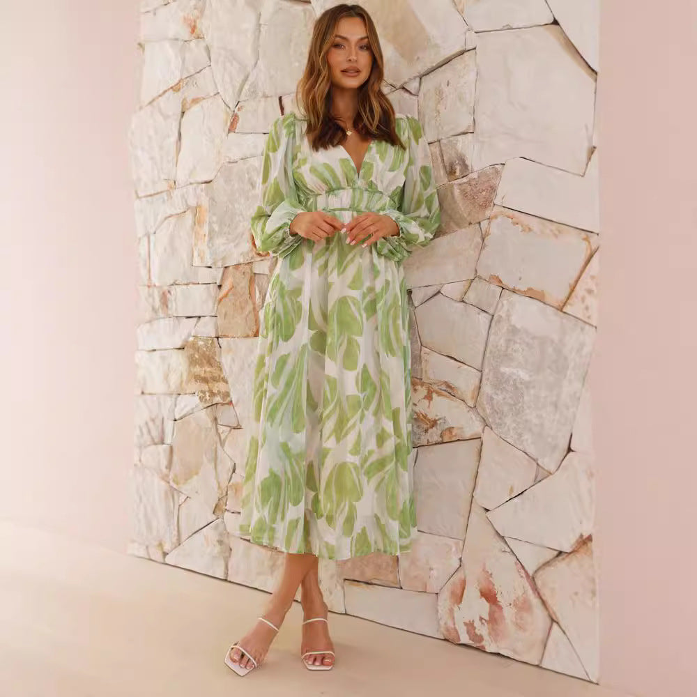 Robe longue femme – Chiffon léger – Coupe fluide – Imprimé fleuri – Col V – Manches longues