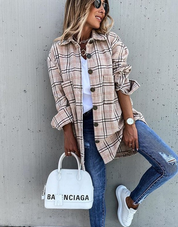 Veste femme à carreaux – Coupe oversize – Tissu effet laine – Longueur mi-cuisse