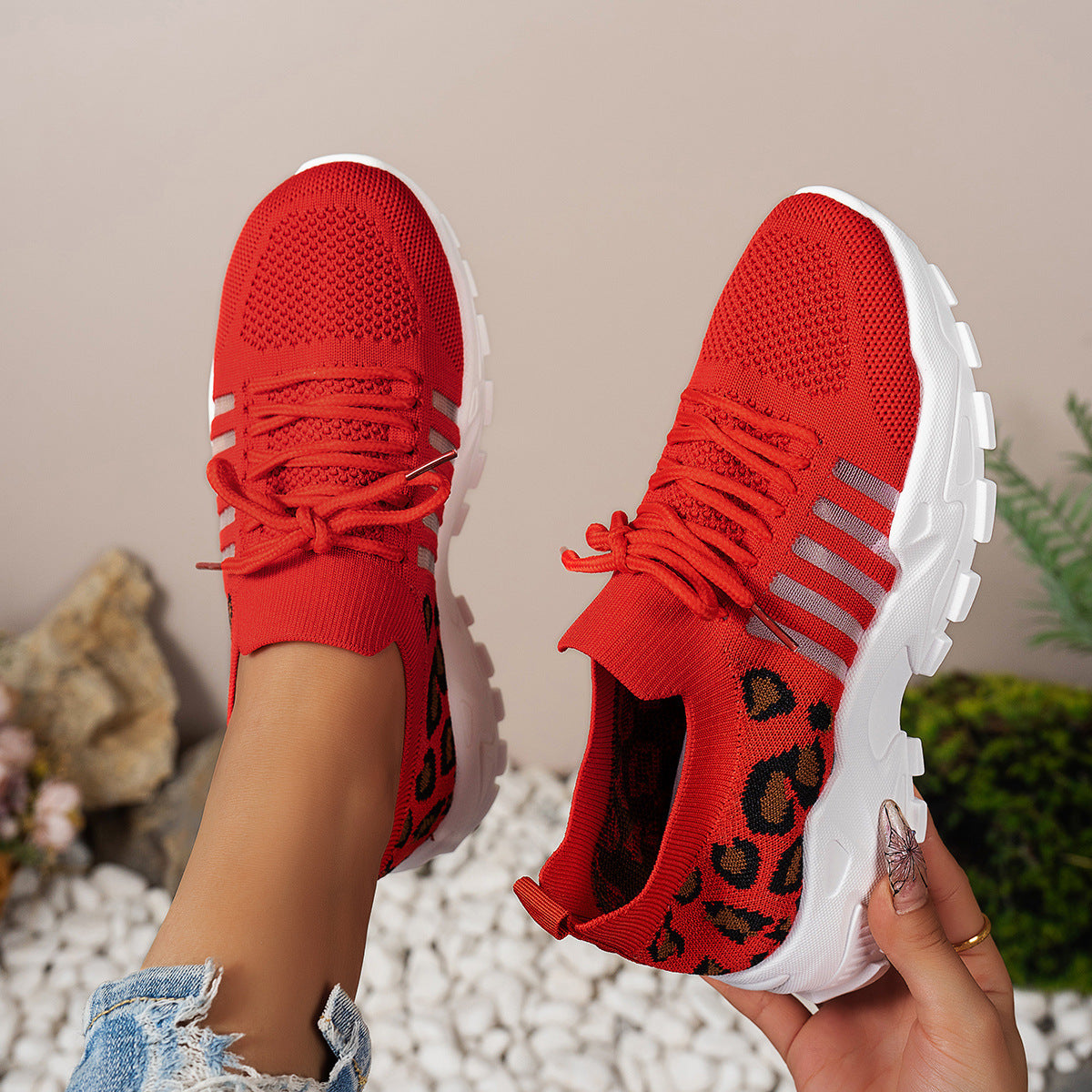 Baskets femme – Flyknit respirant – Semelle ondulée – Imprimé léopard – Basique