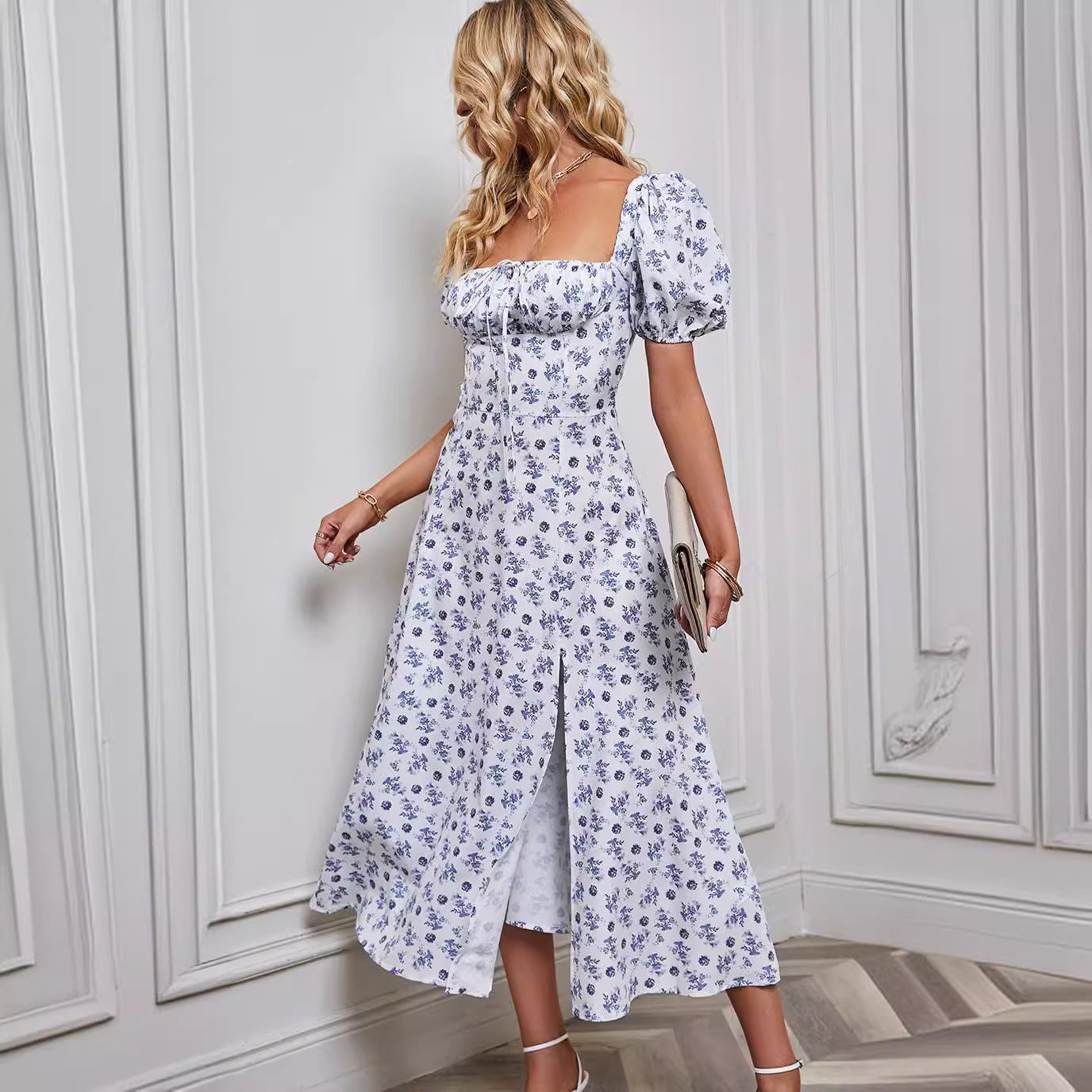 Robe midi femme – Coupe évasée – Manches bouffantes – Nœud poitrine – Fente frontale