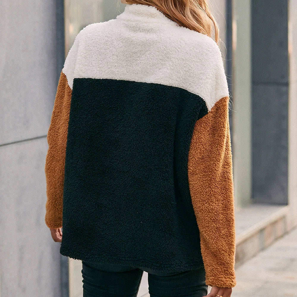 Sweat-shirt femme – Coupe oversize – Tissu duveteux – Demi-zip – Design patchwork